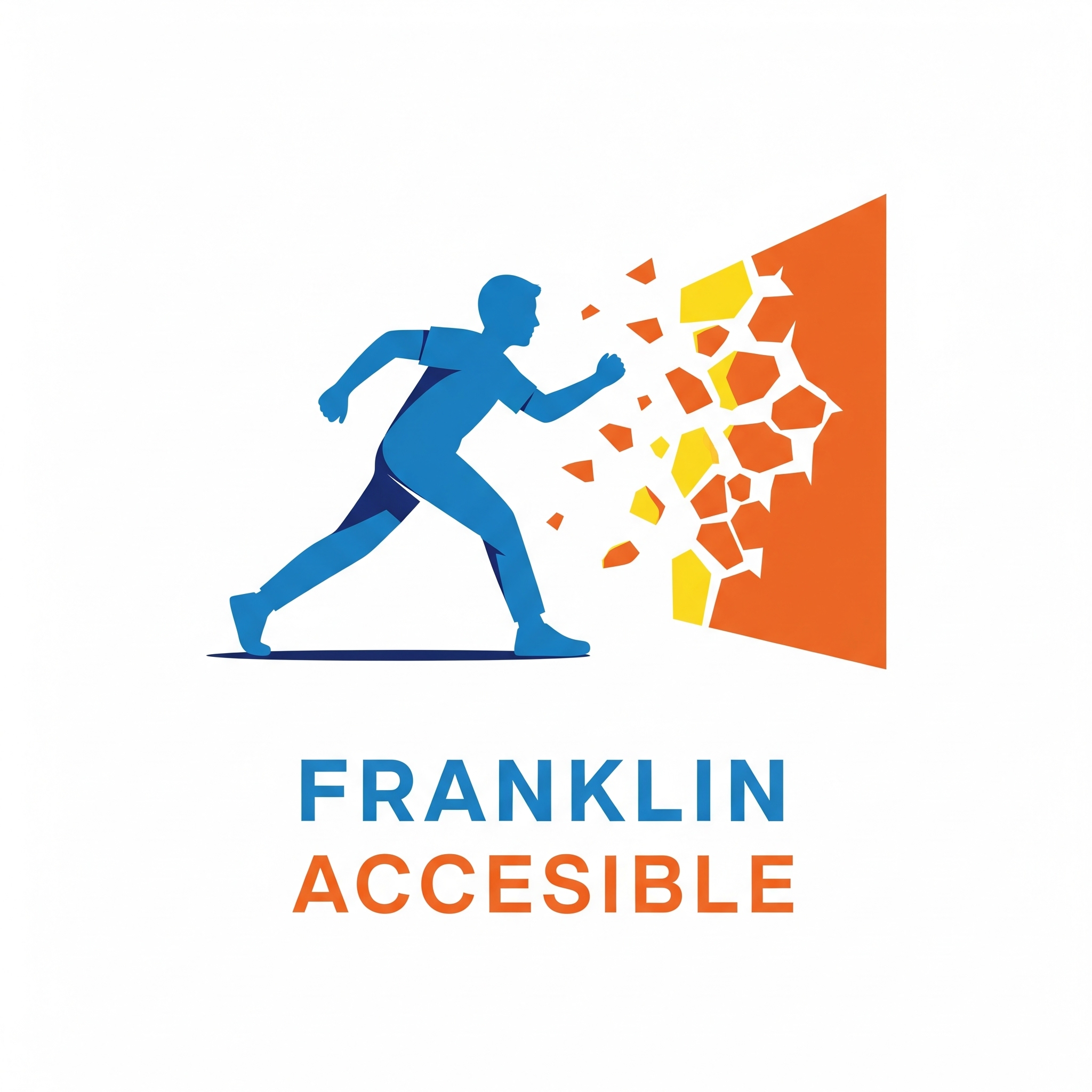 Logo de Franklin Accesible: persona azul rompiendo una barrera naranja y amarilla